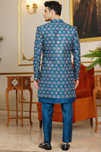 Royal Blue Art Silk Indo Western Suit Long Kurta with Jacket & Pant for Men for Wedding - Thread Embroidery Work