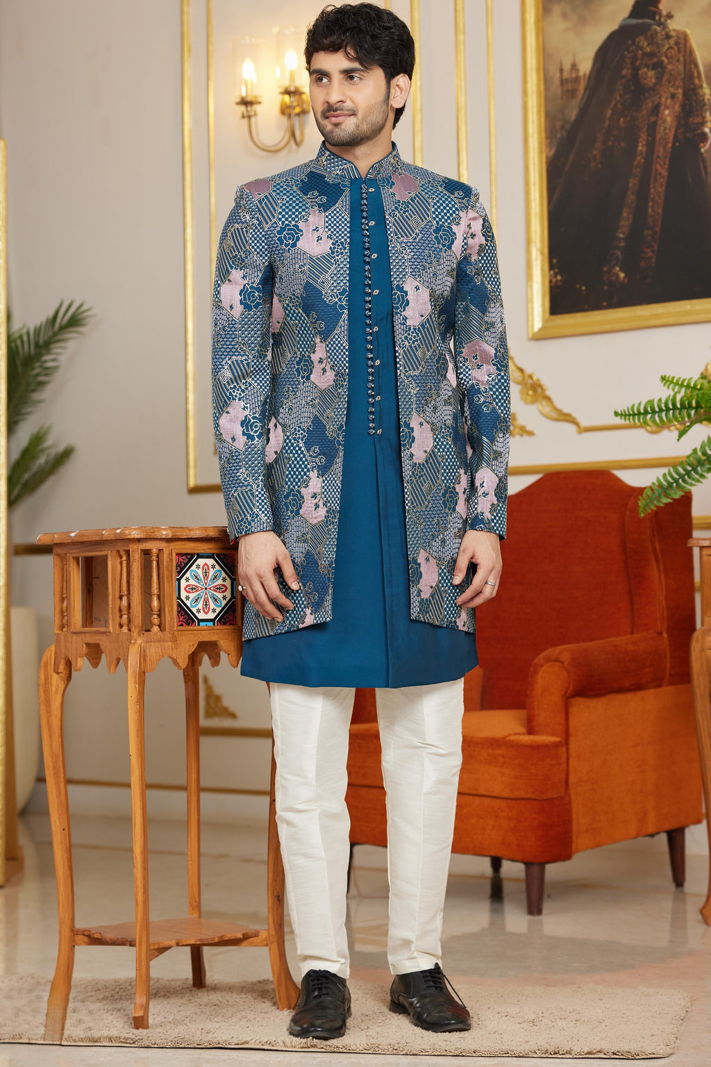 Royal Blue Art Silk Indo Western Suit Long Kurta with Jacket & Pant for Men for Wedding - Thread Embroidery Work