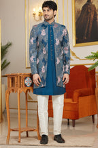Royal Blue Art Silk Indo Western Suit Long Kurta with Jacket & Pant for Men for Wedding - Thread Embroidery Work