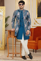 Royal Blue Art Silk Indo Western Suit Long Kurta with Jacket & Pant for Men for Wedding - Thread Embroidery Work