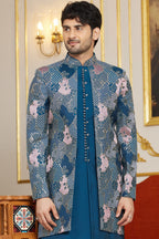 Royal Blue Art Silk Indo Western Suit Long Kurta with Jacket & Pant for Men for Wedding - Thread Embroidery Work
