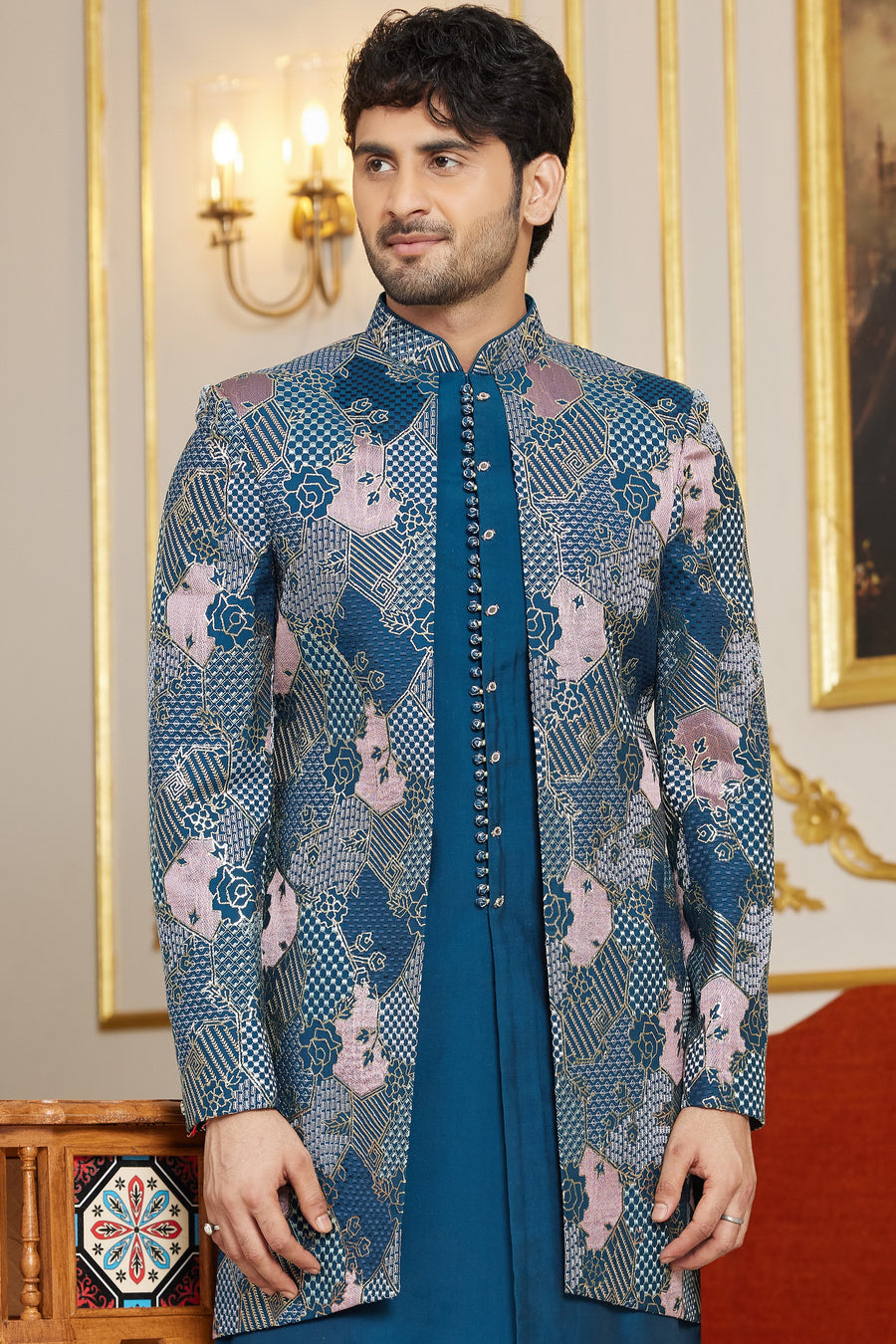 Royal Blue Art Silk Indo Western Suit Long Kurta with Jacket & Pant for Men for Wedding - Thread Embroidery Work