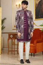 Maroon Art Silk Indo Western Suit Long Kurta with Jacket & Pant for Men for Wedding - Thread Embroidery Work