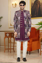 Maroon Art Silk Indo Western Suit Long Kurta with Jacket & Pant for Men for Wedding - Thread Embroidery Work
