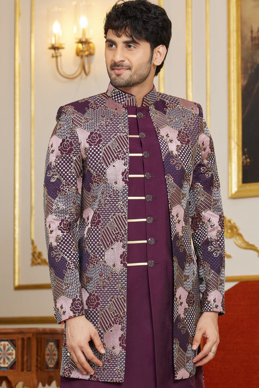 Maroon Art Silk Indo Western Suit Long Kurta with Jacket & Pant for Men for Wedding - Thread Embroidery Work
