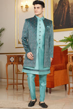 Green Art Silk Indo Western Suit Long Kurta with Jacket & Pant for Men for Wedding - Thread Embroidery Work