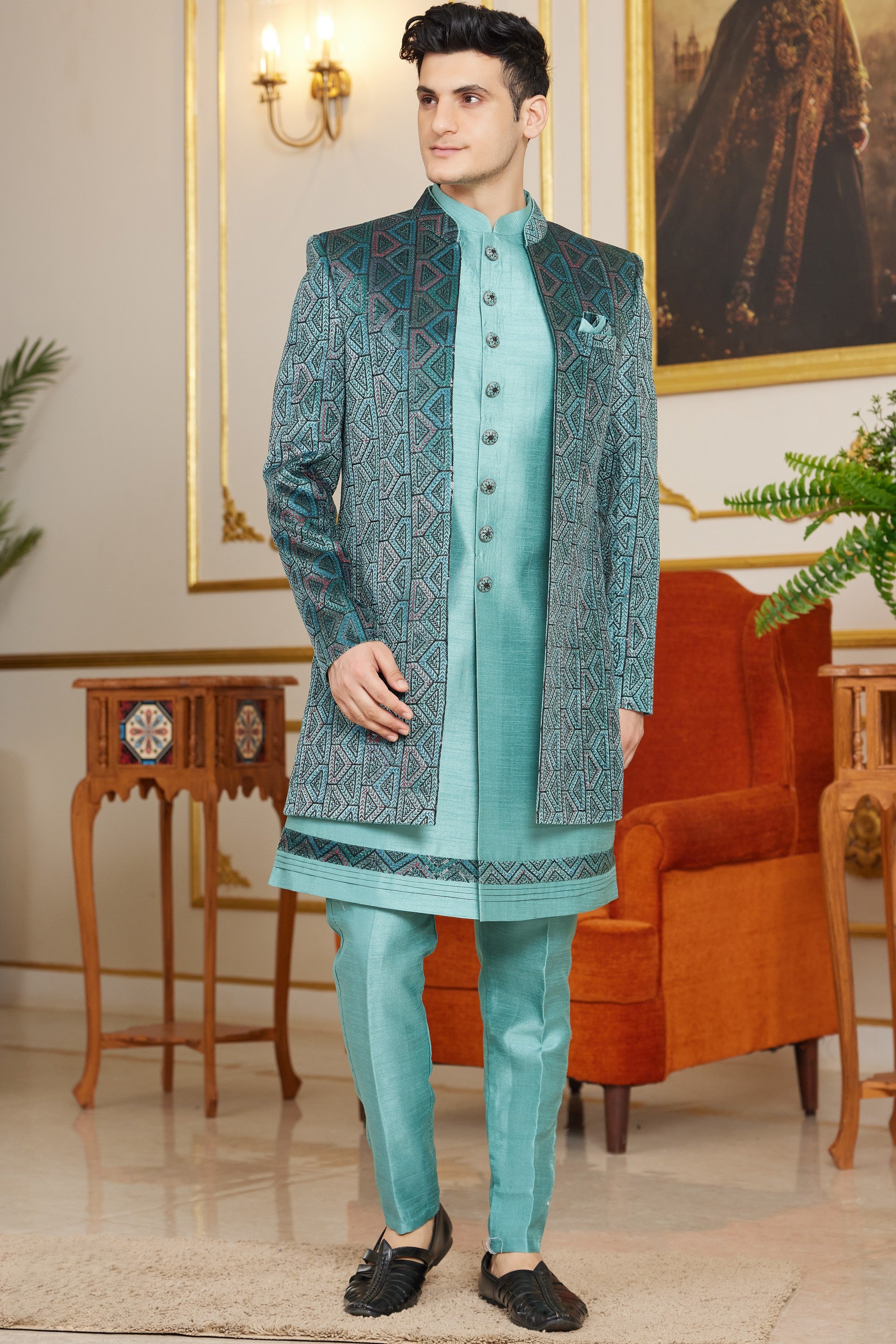 Green Art Silk Indo Western Suit Long Kurta with Jacket & Pant for Men for Wedding - Thread Embroidery Work