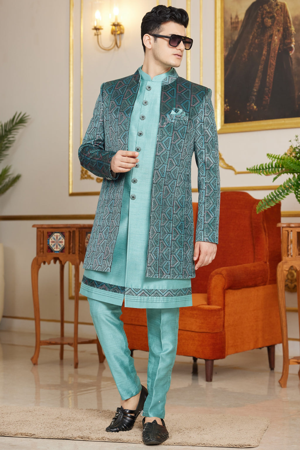Green Art Silk Indo Western Suit Long Kurta with Jacket & Pant for Men for Wedding - Thread Embroidery Work