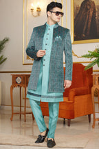 Green Art Silk Indo Western Suit Long Kurta with Jacket & Pant for Men for Wedding - Thread Embroidery Work