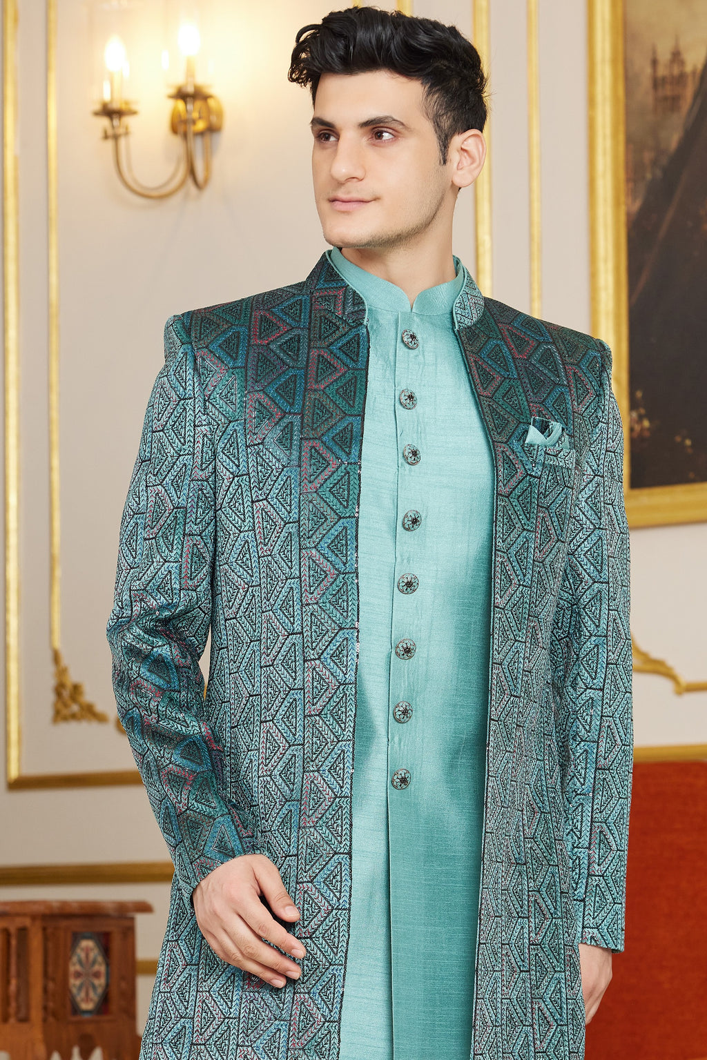 Green Art Silk Indo Western Suit Long Kurta with Jacket & Pant for Men for Wedding - Thread Embroidery Work