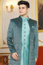Green Art Silk Indo Western Suit Long Kurta with Jacket & Pant for Men for Wedding - Thread Embroidery Work