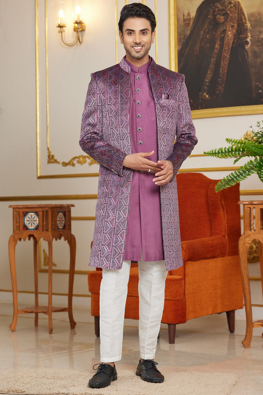 Purple Art Silk Indo Western Suit Long Kurta with Jacket & Pant for Men for Wedding - Thread Embroidery Work