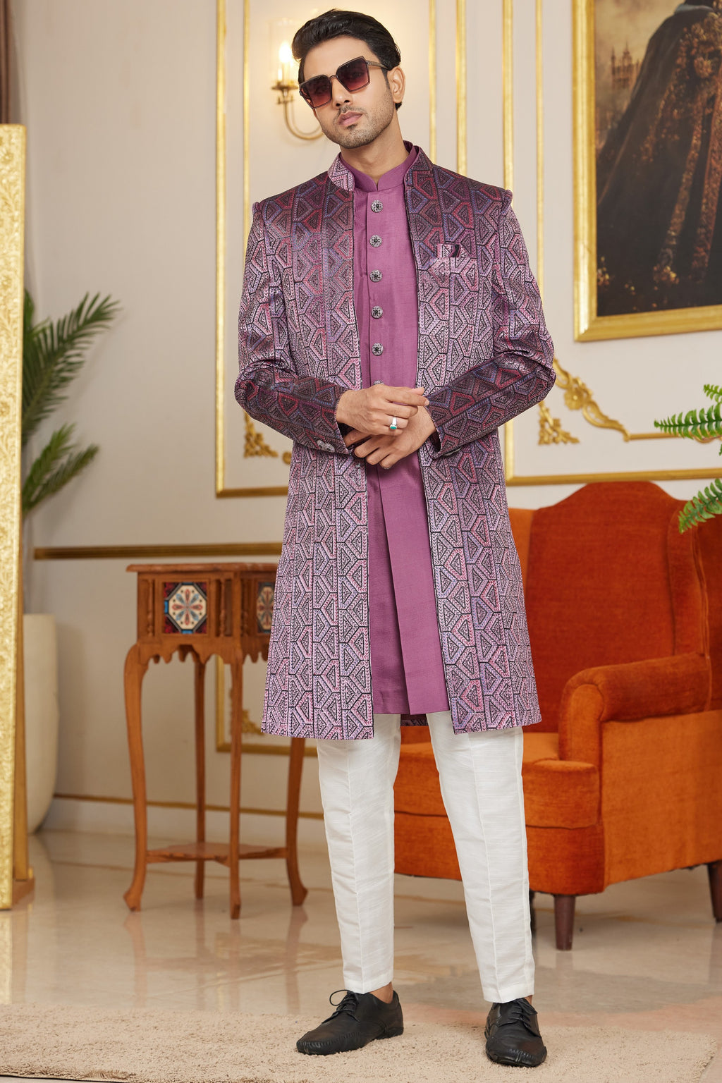 Purple Art Silk Indo Western Suit Long Kurta with Jacket & Pant for Men for Wedding - Thread Embroidery Work