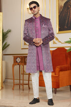 Purple Art Silk Indo Western Suit Long Kurta with Jacket & Pant for Men for Wedding - Thread Embroidery Work