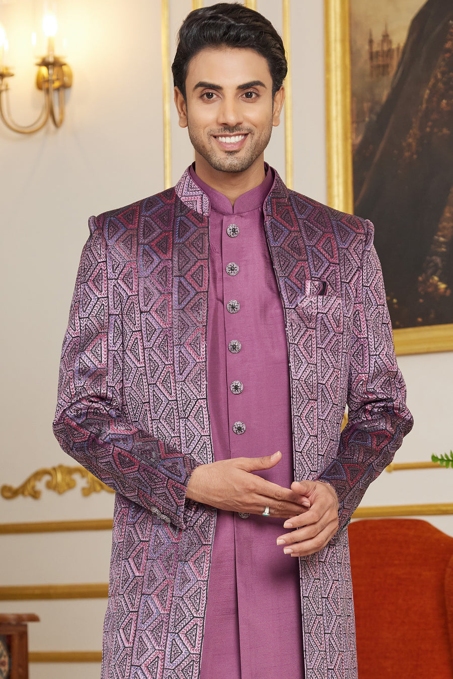 Purple Art Silk Indo Western Suit Long Kurta with Jacket & Pant for Men for Wedding - Thread Embroidery Work