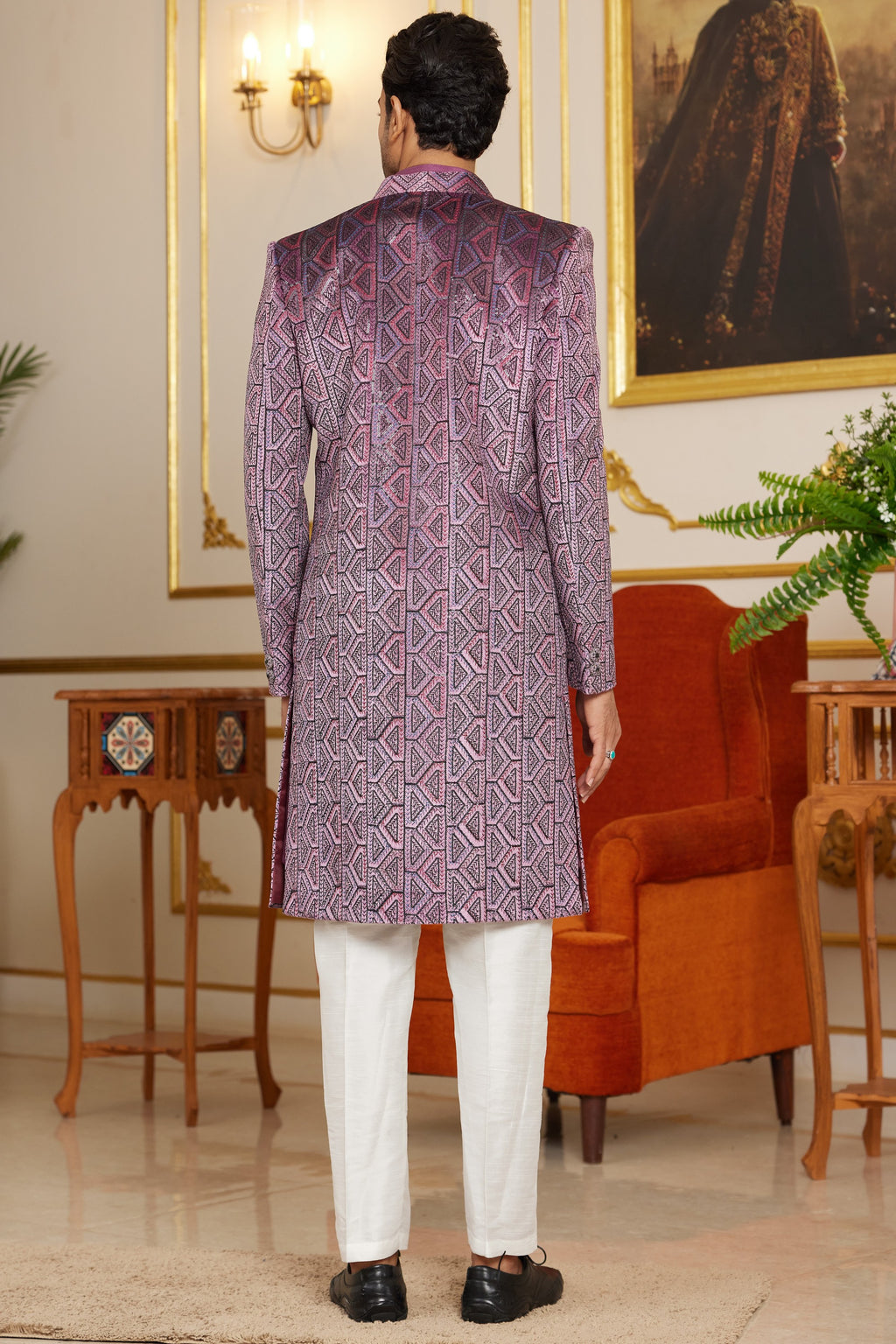 Purple Art Silk Indo Western Suit Long Kurta with Jacket & Pant for Men for Wedding - Thread Embroidery Work