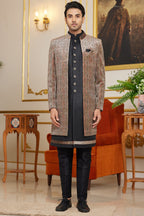 Black Art Silk Indo Western Suit Long Kurta with Jacket & Pant for Men for Wedding - Thread Embroidery Work