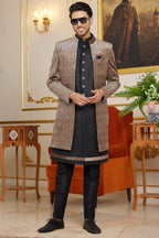 Black Art Silk Indo Western Suit Long Kurta with Jacket & Pant for Men for Wedding - Thread Embroidery Work