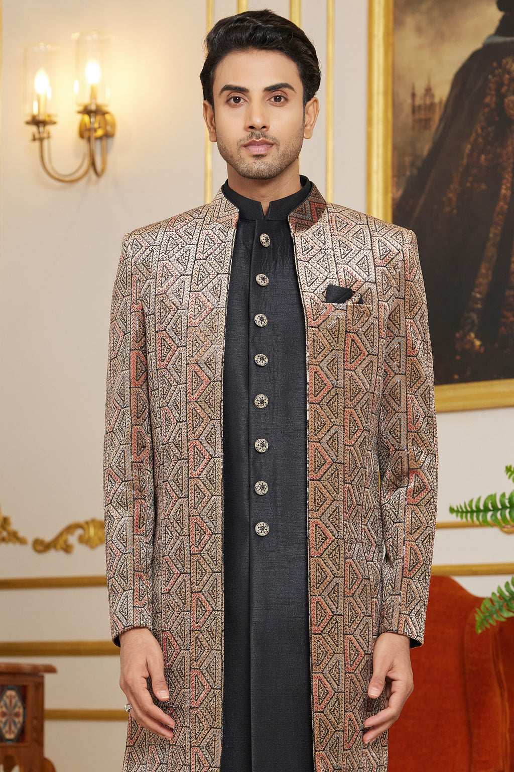 Black Art Silk Indo Western Suit Long Kurta with Jacket & Pant for Men for Wedding - Thread Embroidery Work