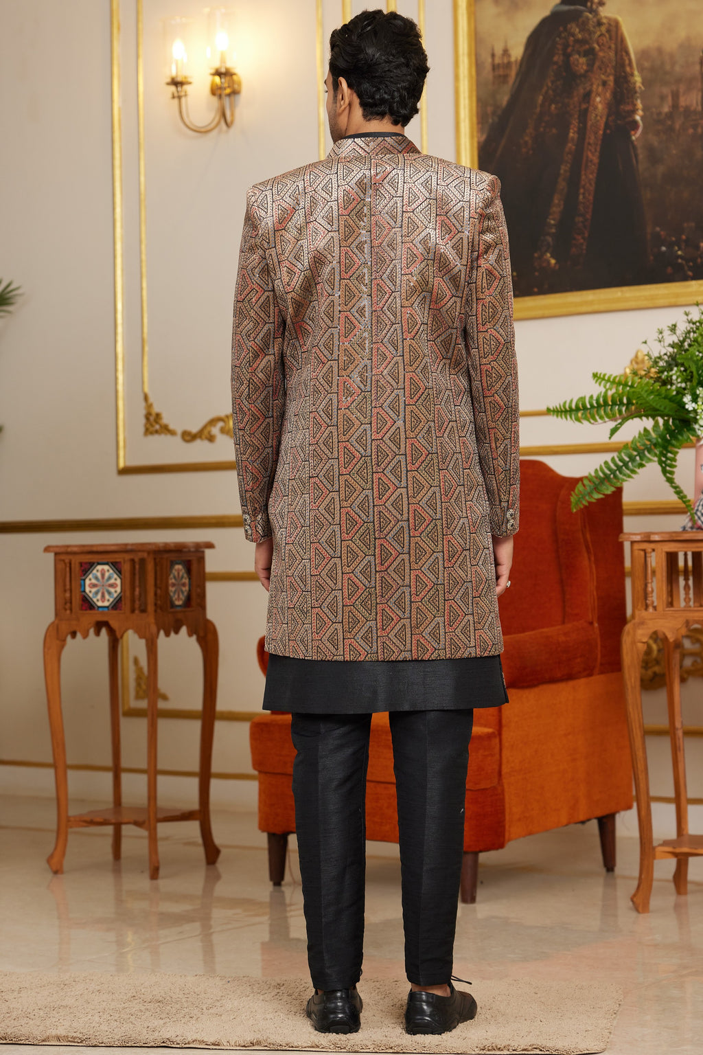 Black Art Silk Indo Western Suit Long Kurta with Jacket & Pant for Men for Wedding - Thread Embroidery Work