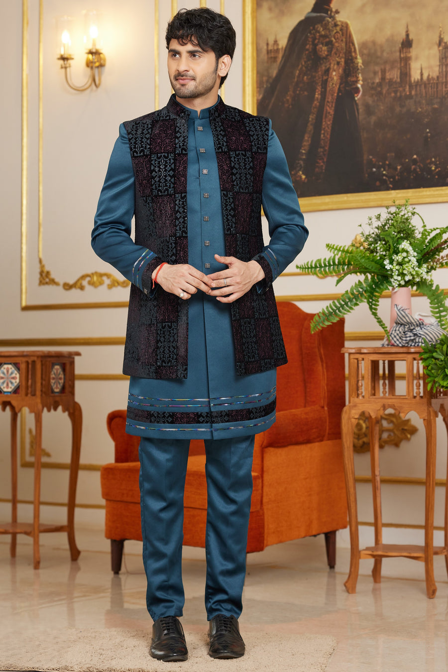 Teal Blue Art Silk Indo Western Suit Long Kurta with Jacket & Pant for Men for Wedding - Thread Embroidery Work
