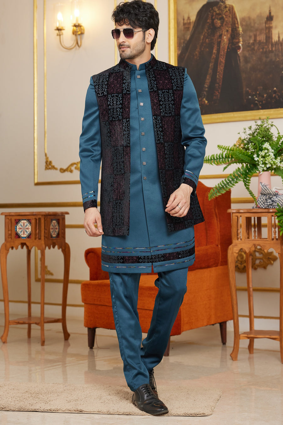 Teal Blue Art Silk Indo Western Suit Long Kurta with Jacket & Pant for Men for Wedding - Thread Embroidery Work
