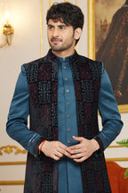 Teal Blue Art Silk Indo Western Suit Long Kurta with Jacket & Pant for Men for Wedding - Thread Embroidery Work