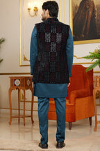 Teal Blue Art Silk Indo Western Suit Long Kurta with Jacket & Pant for Men for Wedding - Thread Embroidery Work