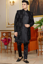 Black Art Silk Indo Western Suit Long Kurta with Jacket & Pant for Men for Wedding - Thread Embroidery Work