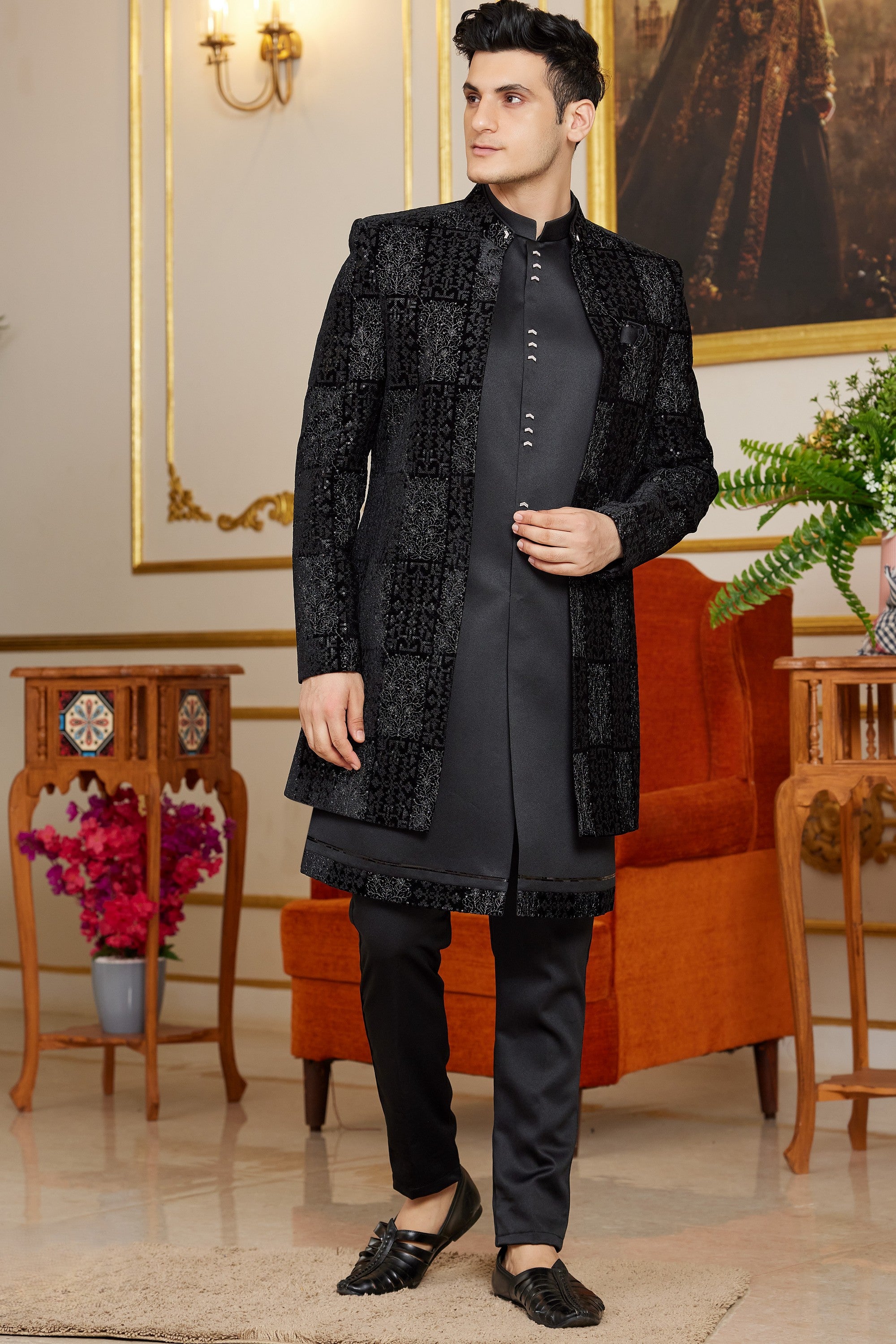 Black Art Silk Indo Western Suit Long Kurta with Jacket & Pant for Men for Wedding - Thread Embroidery Work