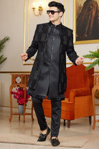 Black Art Silk Indo Western Suit Long Kurta with Jacket & Pant for Men for Wedding - Thread Embroidery Work