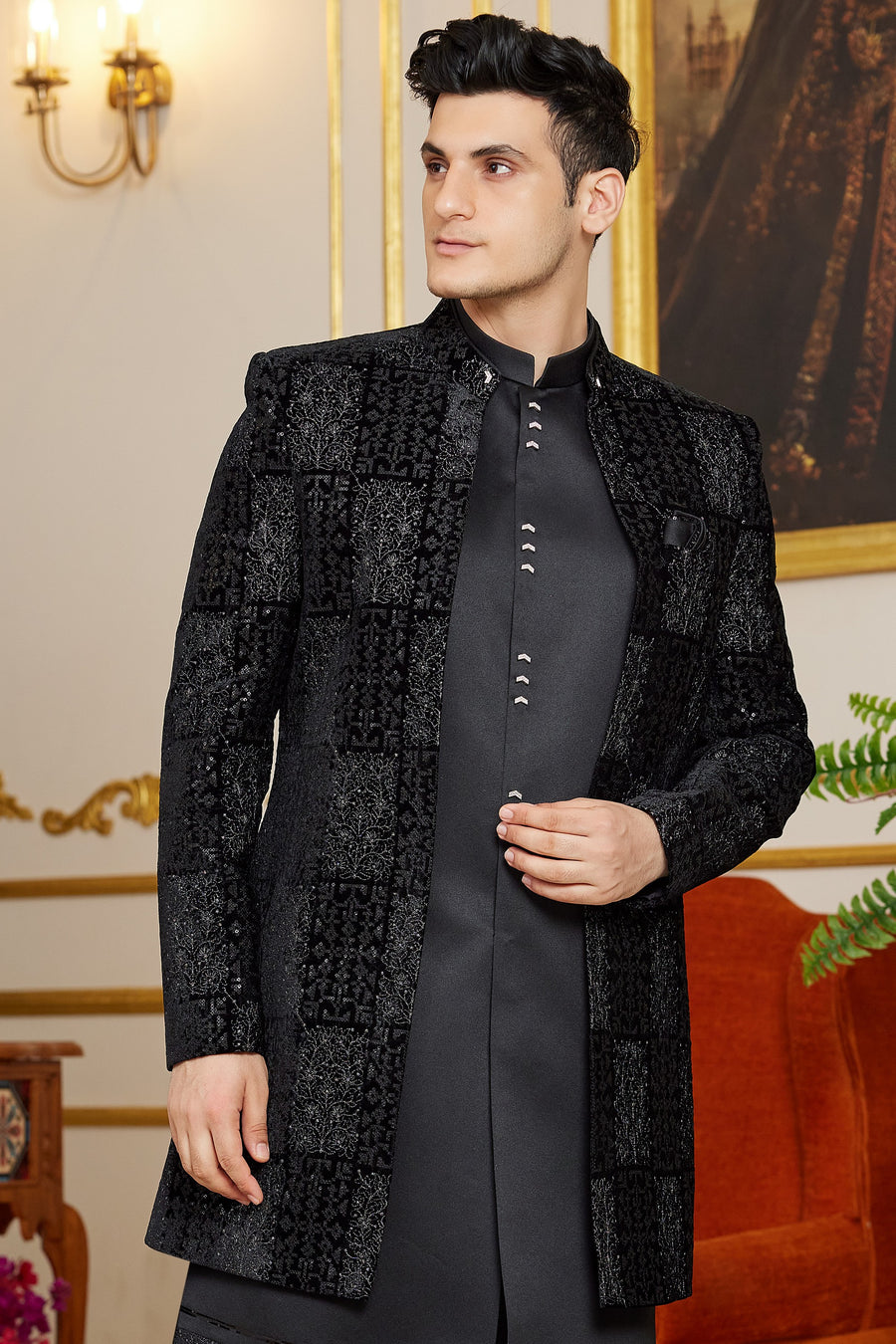 Black Art Silk Indo Western Suit Long Kurta with Jacket & Pant for Men for Wedding - Thread Embroidery Work