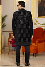 Black Art Silk Indo Western Suit Long Kurta with Jacket & Pant for Men for Wedding - Thread Embroidery Work