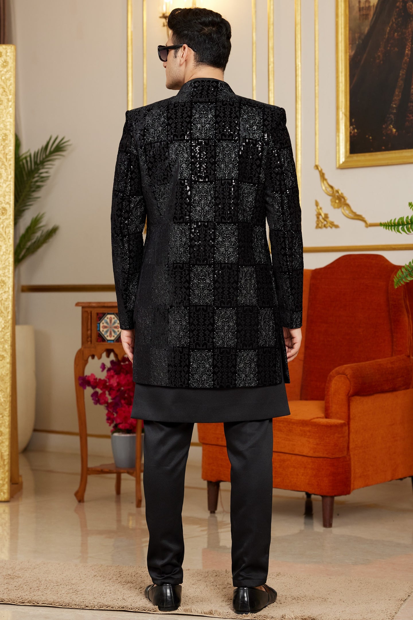 Black Art Silk Indo Western Suit Long Kurta with Jacket & Pant for Men for Wedding - Thread Embroidery Work