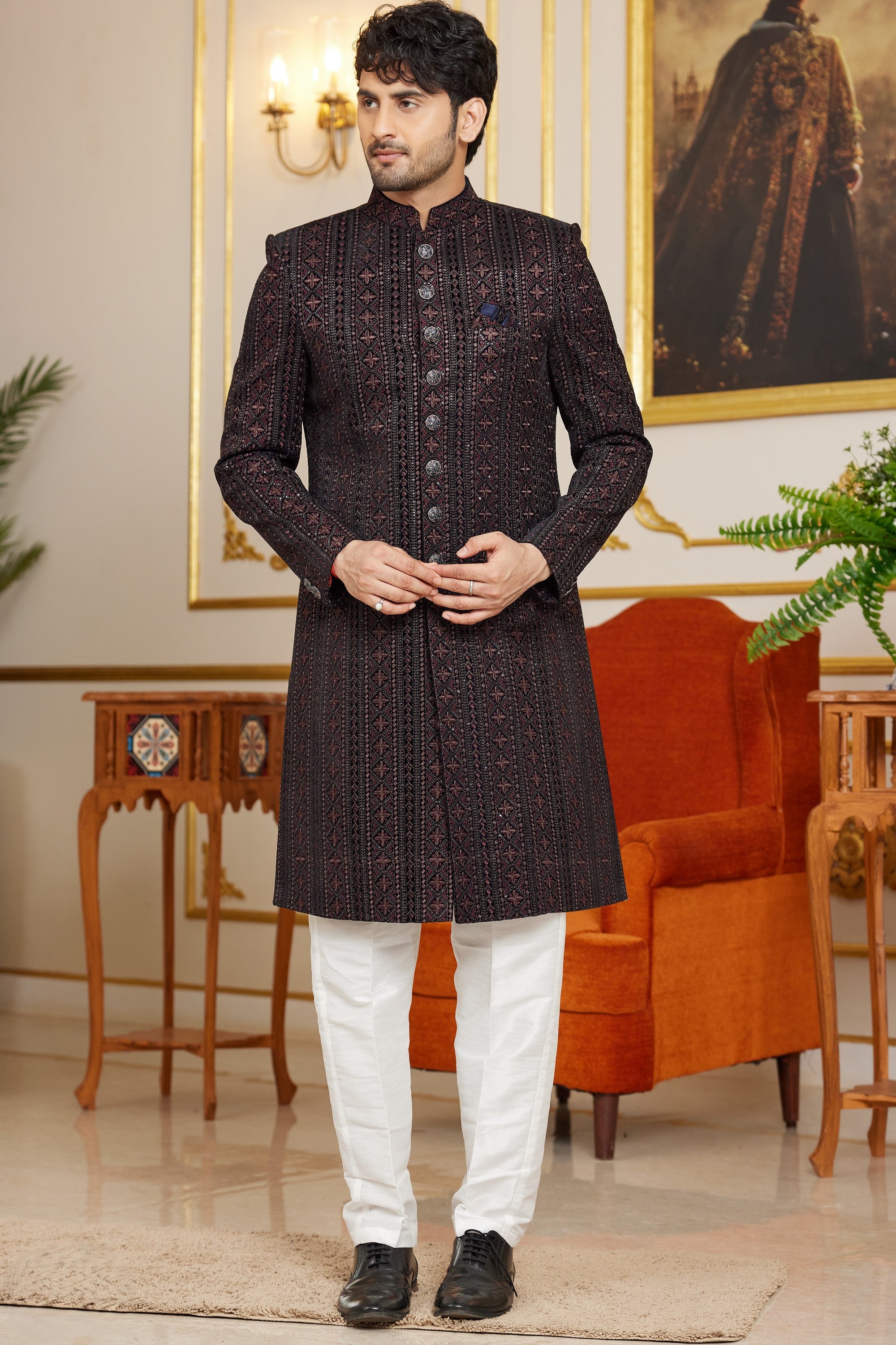 Black Art Silk Indo Western Traditional Sherwani Long Kurta & Pant Suit for Men for Wedding - Embroidery Work