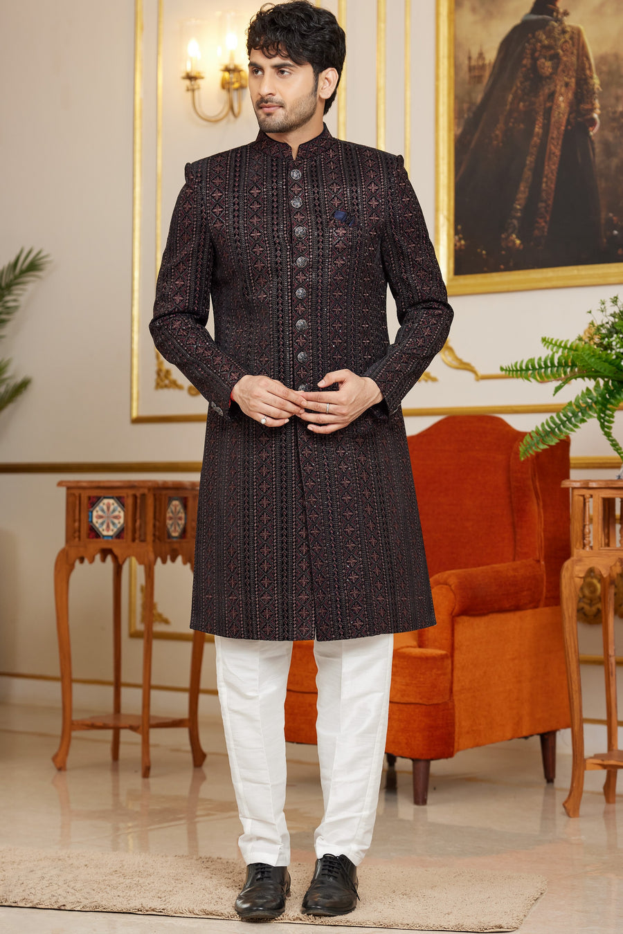 Black Art Silk Indo Western Traditional Sherwani Long Kurta & Pant Suit for Men for Wedding - Embroidery Work