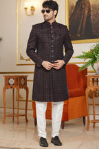 Black Art Silk Indo Western Traditional Sherwani Long Kurta & Pant Suit for Men for Wedding - Embroidery Work