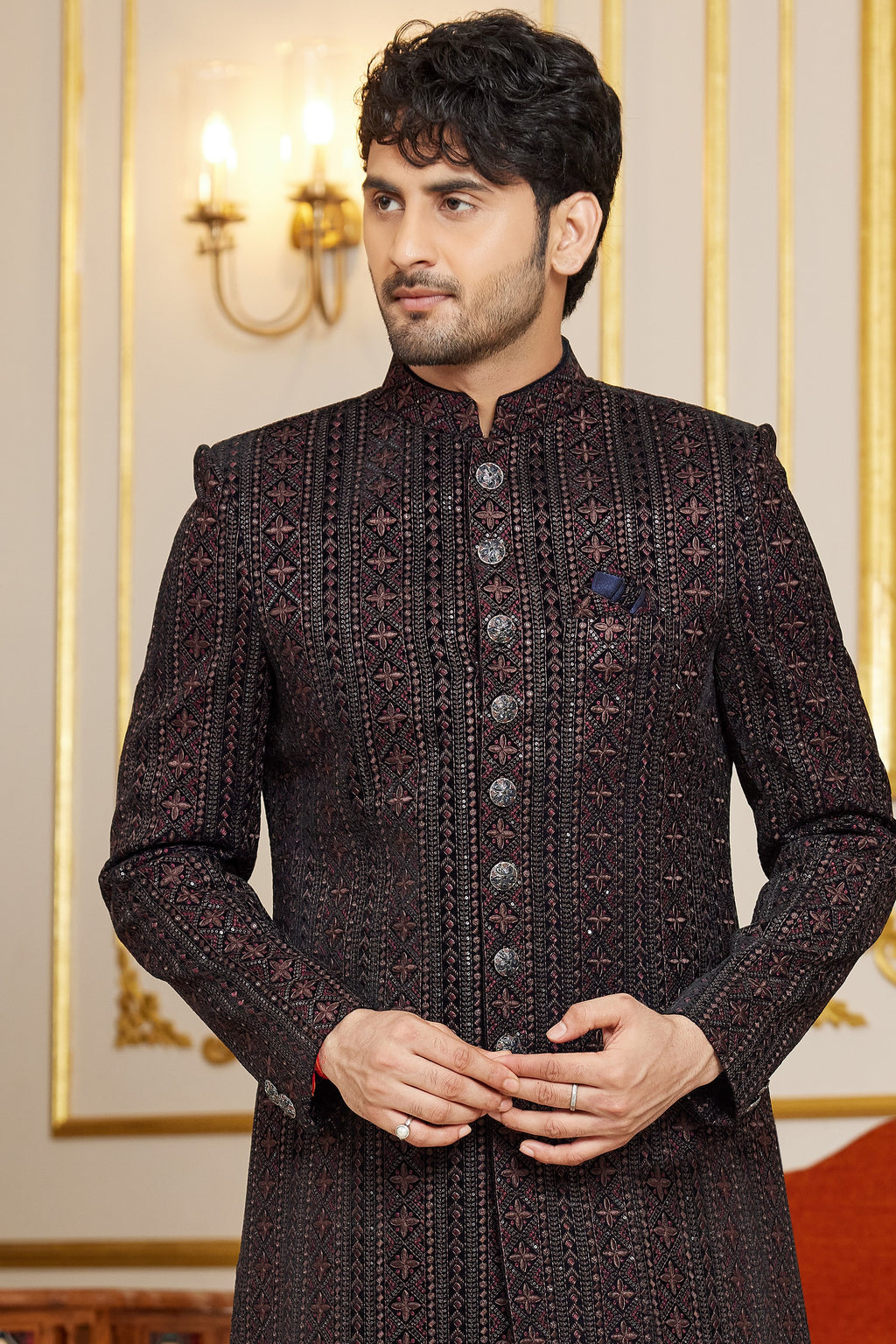 Black Art Silk Indo Western Traditional Sherwani Long Kurta & Pant Suit for Men for Wedding - Embroidery Work