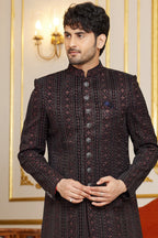 Black Art Silk Indo Western Traditional Sherwani Long Kurta & Pant Suit for Men for Wedding - Embroidery Work