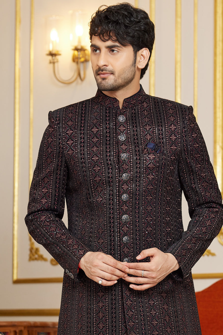 Black Art Silk Indo Western Traditional Sherwani Long Kurta & Pant Suit for Men for Wedding - Embroidery Work