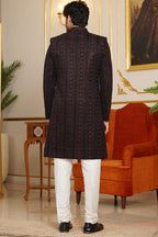 Black Art Silk Indo Western Traditional Sherwani Long Kurta & Pant Suit for Men for Wedding - Embroidery Work