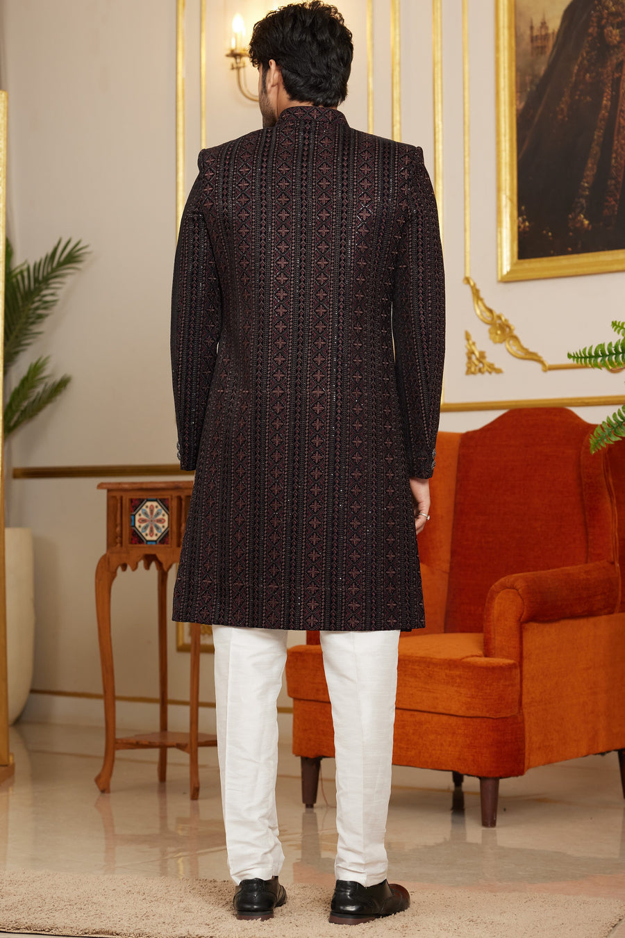 Black Art Silk Indo Western Traditional Sherwani Long Kurta & Pant Suit for Men for Wedding - Embroidery Work