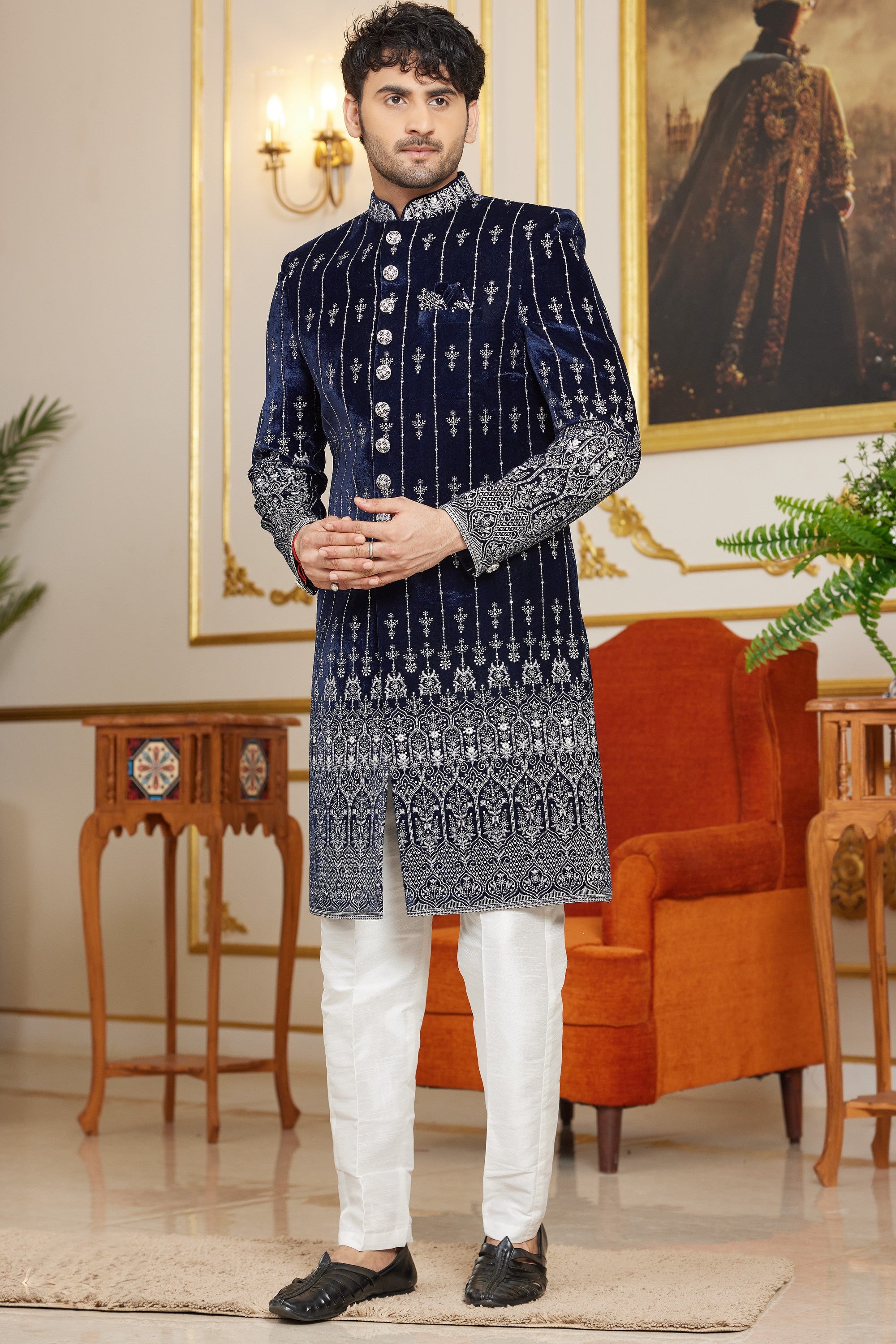 Blue Art Silk Indo Western Traditional Sherwani Long Kurta & Pant Suit for Men for Wedding - Embroidery Work