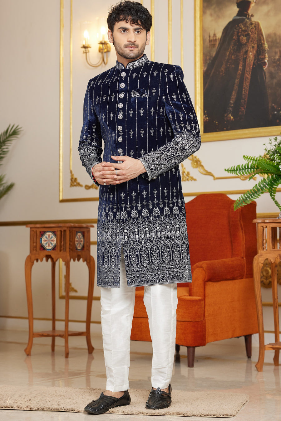 Blue Art Silk Indo Western Traditional Sherwani Long Kurta & Pant Suit for Men for Wedding - Embroidery Work