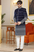 Blue Art Silk Indo Western Traditional Sherwani Long Kurta & Pant Suit for Men for Wedding - Embroidery Work