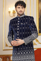 Blue Art Silk Indo Western Traditional Sherwani Long Kurta & Pant Suit for Men for Wedding - Embroidery Work