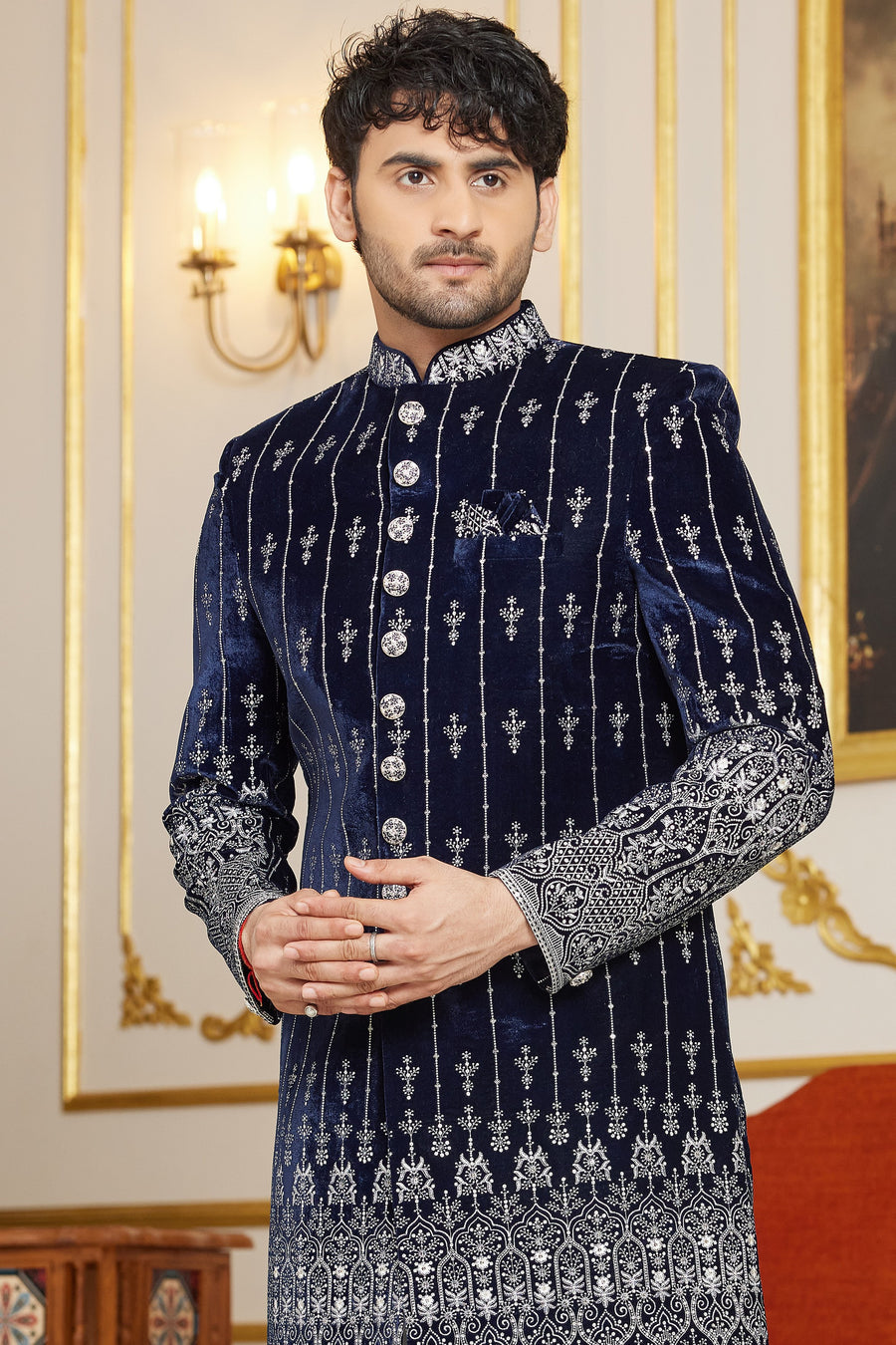 Blue Art Silk Indo Western Traditional Sherwani Long Kurta & Pant Suit for Men for Wedding - Embroidery Work