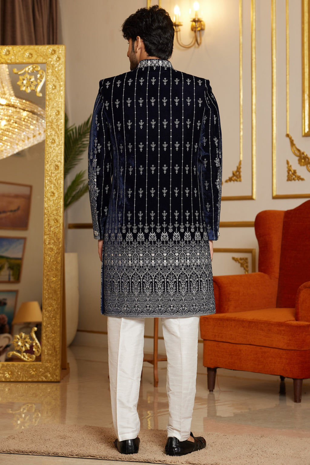 Blue Art Silk Indo Western Traditional Sherwani Long Kurta & Pant Suit for Men for Wedding - Embroidery Work