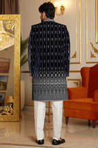 Blue Art Silk Indo Western Traditional Sherwani Long Kurta & Pant Suit for Men for Wedding - Embroidery Work