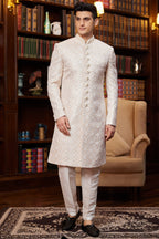 Peach Gold Jacquard Silk Indo Western Traditional Sherwani Long Kurta & Pant for Men for Wedding - Embroidery Work